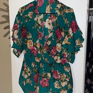 Green floral faux wrap flutter sleeve top